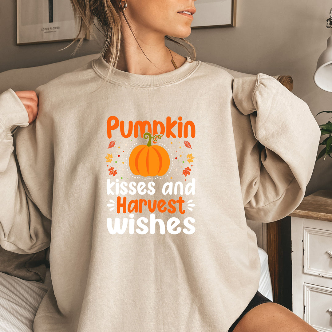 Pumpkin Kisses And Harvest Wishes Halloween Sweatshirt Crewneck, Halloween Party Pumpkin Ghost Lover Sweatshirt Gift For Men Women