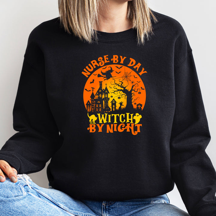 Nurse By Day Witch By Night Halloween Nurse Sweatshirt, Halloween Party Pumpkin Ghost Witch Nursing Lover Sweatshirt Gift For Girls Women