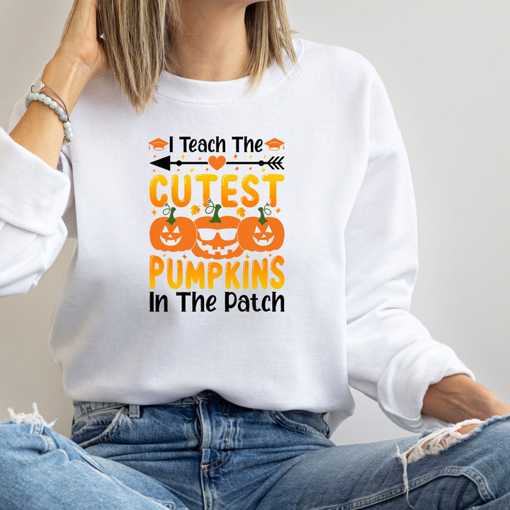 I Teach The Cutest Pumpkins In The Patch Halloween Teacher Sweatshirt Crewneck, Halloween Party Skeleton Ghost Lover Sweatshirt Men Women