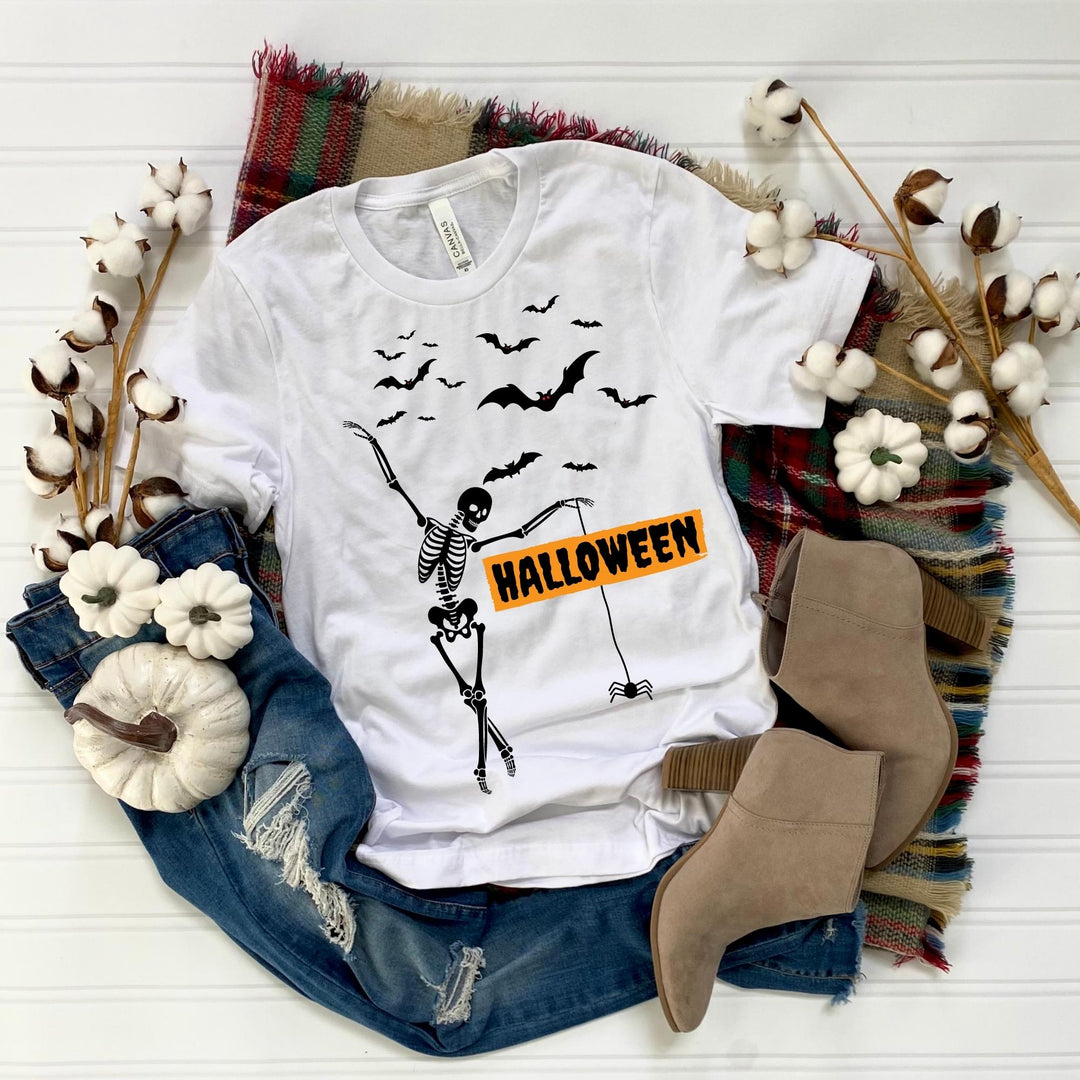 Cute Dancing Skeleton Halloween T-Shirt, Halloween Party Pumpkin Skeleton Dance Shirt Gift For Men Women