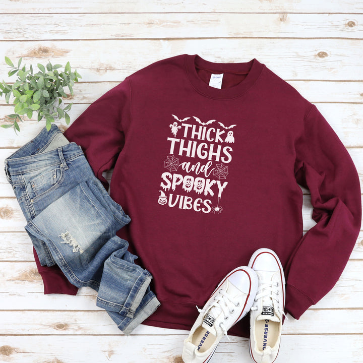 Thick Thighs And Spooky Vibes Halloween Sweatshirt Crewneck, Halloween Party Pumpkin Witch Lover Sweatshirt Gift For Girls Women