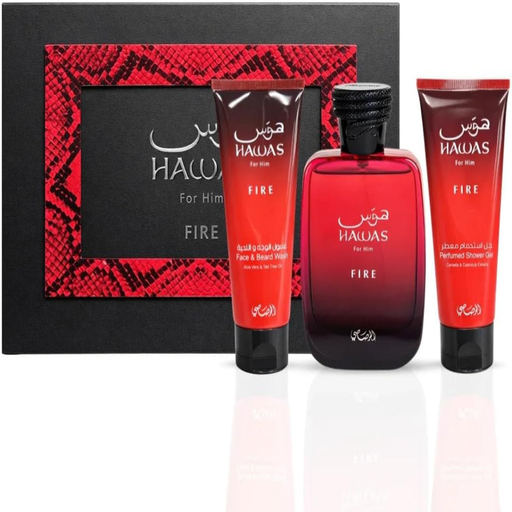 Rasasi Hawas Fire Gift Set For Men Long Lasting Fragrance Grooming 3 Piece 3.38 Oz