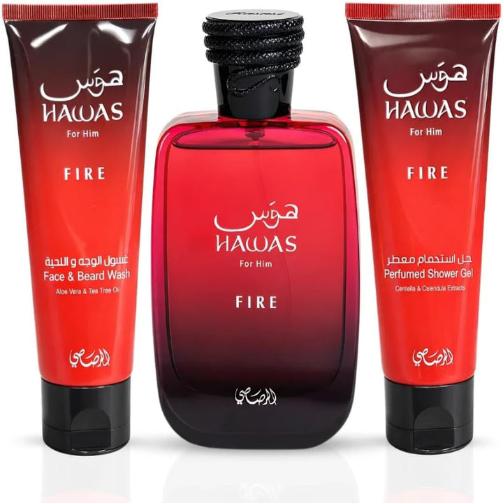 Rasasi Hawas Fire Gift Set For Men Long Lasting Fragrance Grooming 3 Piece 3.38 Oz