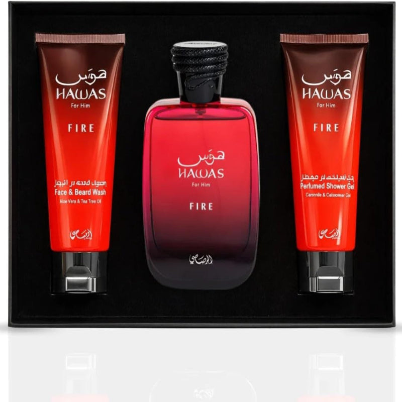 Rasasi Hawas Fire Gift Set For Men Long Lasting Fragrance Grooming 3 Piece 3.38 Oz
