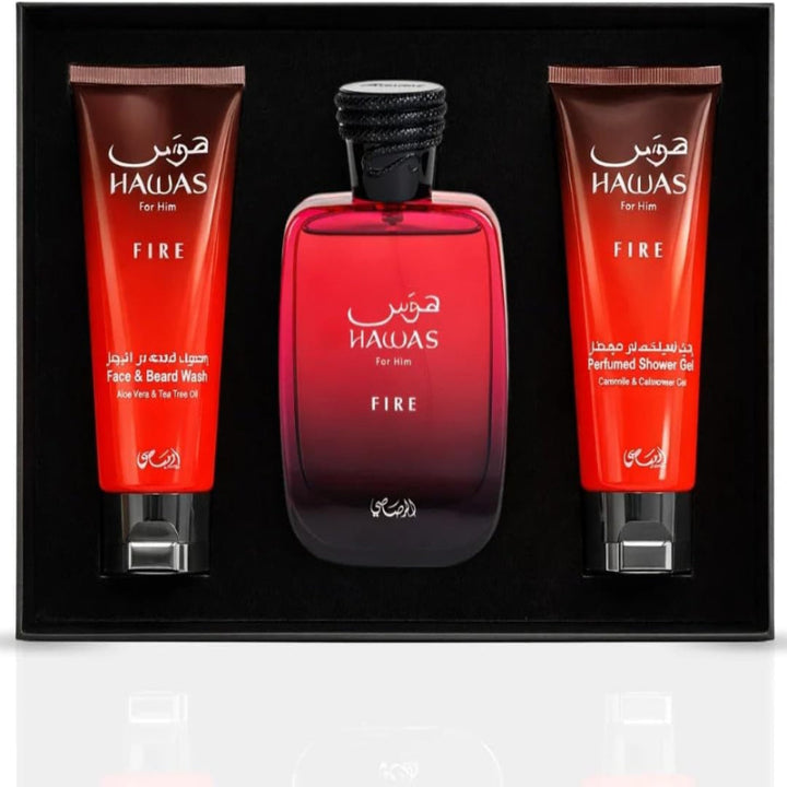 Rasasi Hawas Fire Gift Set For Men Long Lasting Fragrance Grooming 3 Piece 3.38 Oz