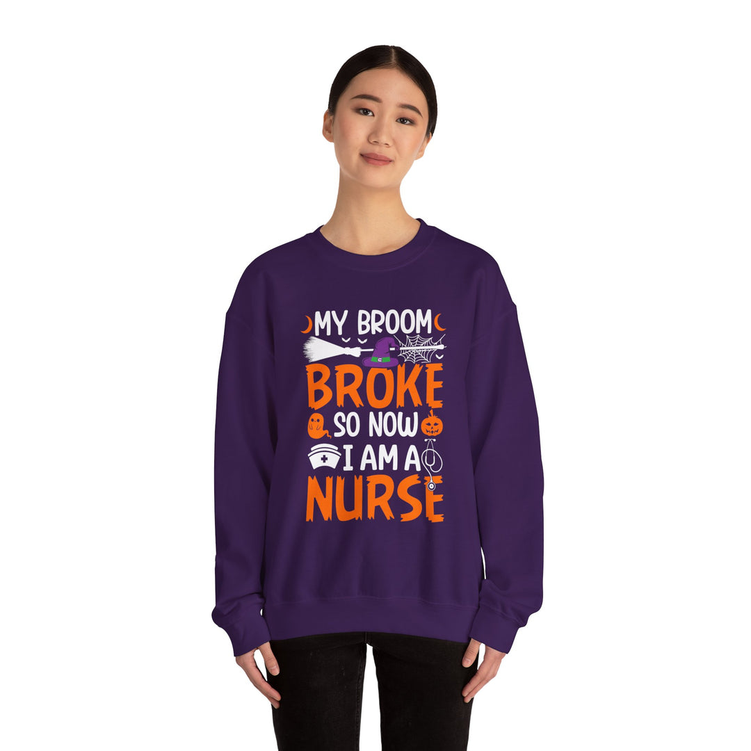 My Broom Broke So Now I Am A Nurse Halloween Nurse Sweatshirt, Halloween Party Pumpkin Skeleton Ghost Nursing Lover Sweatshirt Girls Women