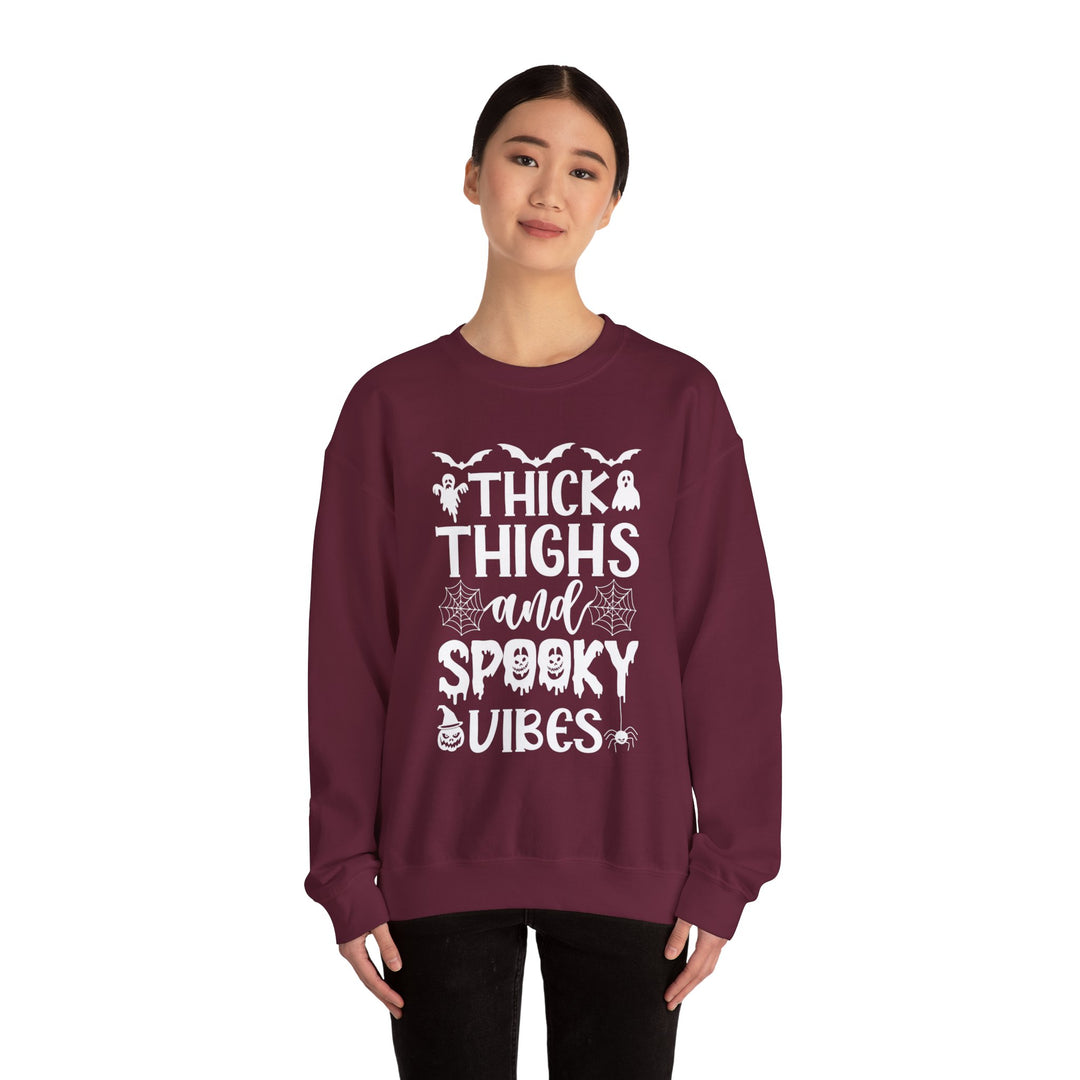 Thick Thighs And Spooky Vibes Halloween Sweatshirt Crewneck, Halloween Party Pumpkin Witch Lover Sweatshirt Gift For Girls Women