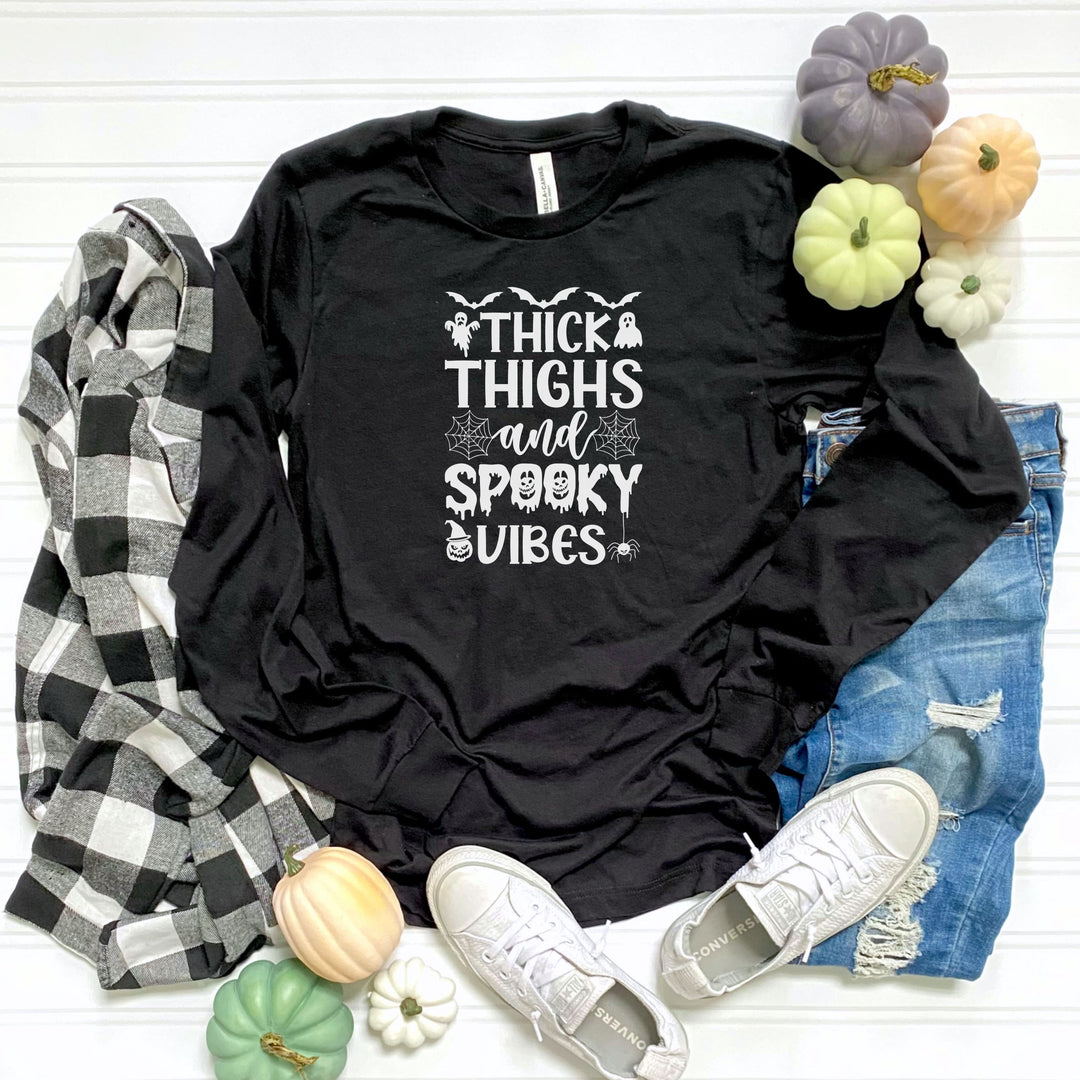 Thick Thighs And Spooky Vibes Halloween Sweatshirt Crewneck, Halloween Party Pumpkin Witch Lover Sweatshirt Gift For Girls Women