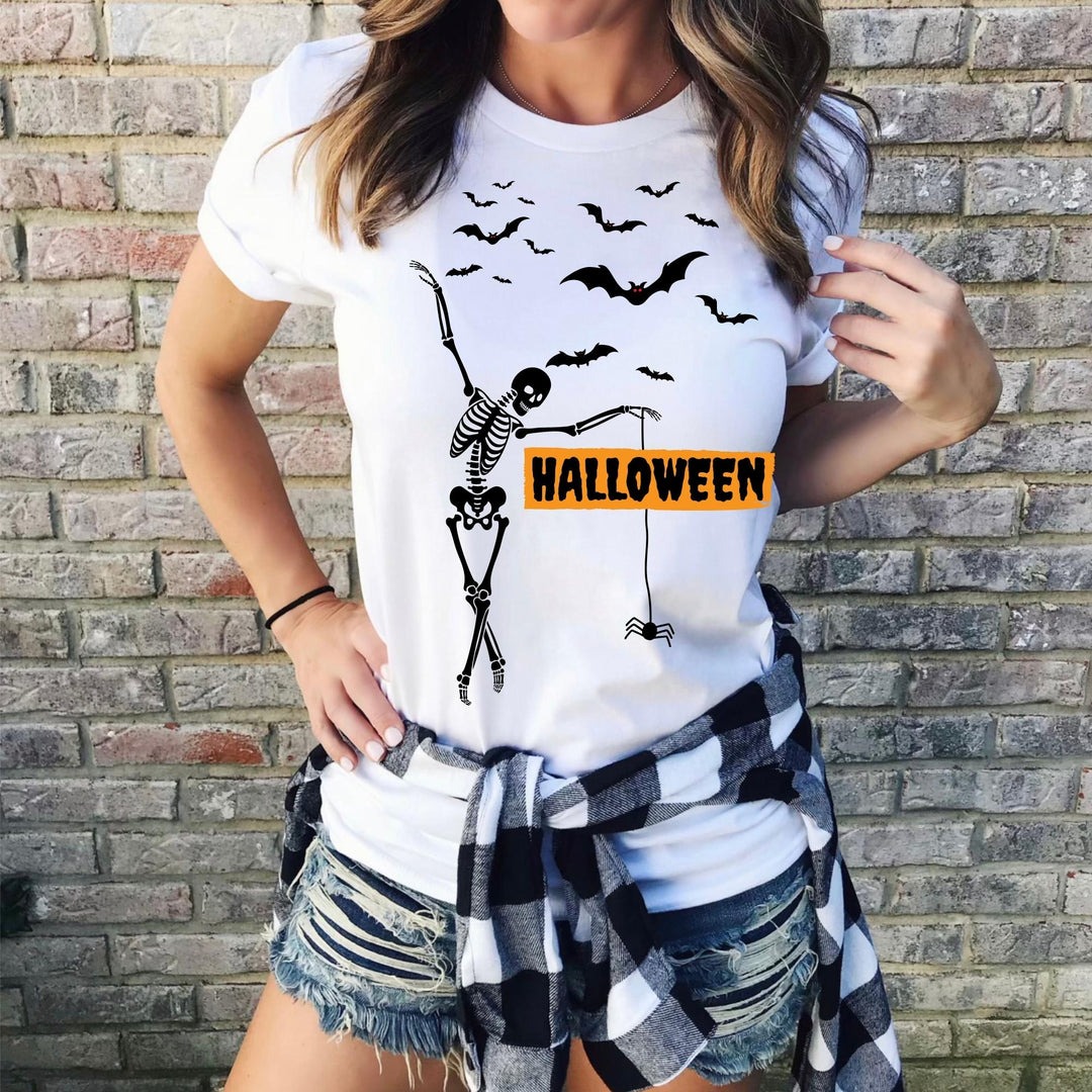 Cute Dancing Skeleton Halloween T-Shirt, Halloween Party Pumpkin Skeleton Dance Shirt Gift For Men Women