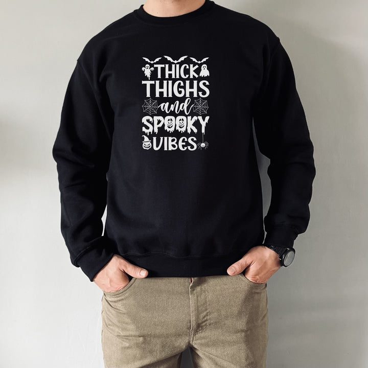 Thick Thighs And Spooky Vibes Halloween Sweatshirt Crewneck, Halloween Party Pumpkin Witch Lover Sweatshirt Gift For Girls Women