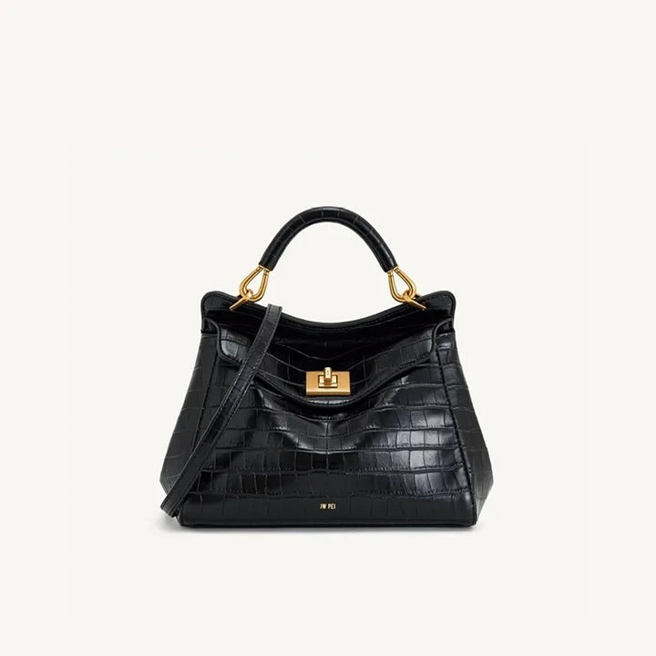 “JW PEI Lucia Lock Bag – Genuine Leather High-End Shoulder & Crossbody Handbag, Versatile Niche Fashion”