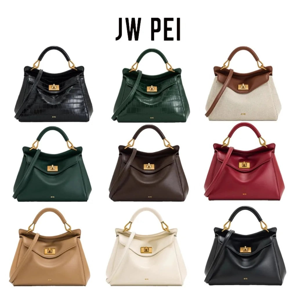 “JW PEI Lucia Lock Bag – Genuine Leather High-End Shoulder & Crossbody Handbag, Versatile Niche Fashion”