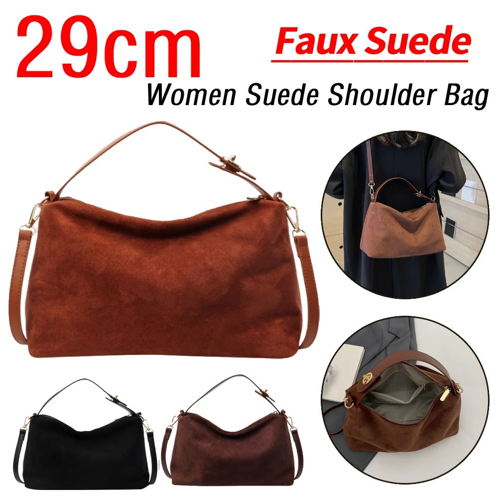 Women’s Suede Shoulder Bag with Adjustable Strap – Crossbody Handbag with Inner Pocket & Zipper Clutch