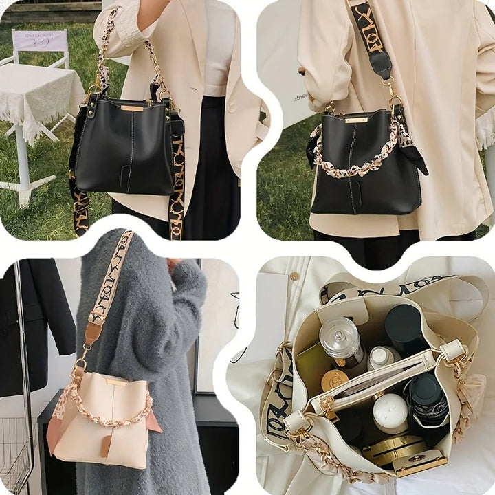 New Fashion Women’s Large Capacity Ribbon Chain Bucket Shoulder & Crossbody Bag – Perfect for Daily Commuting