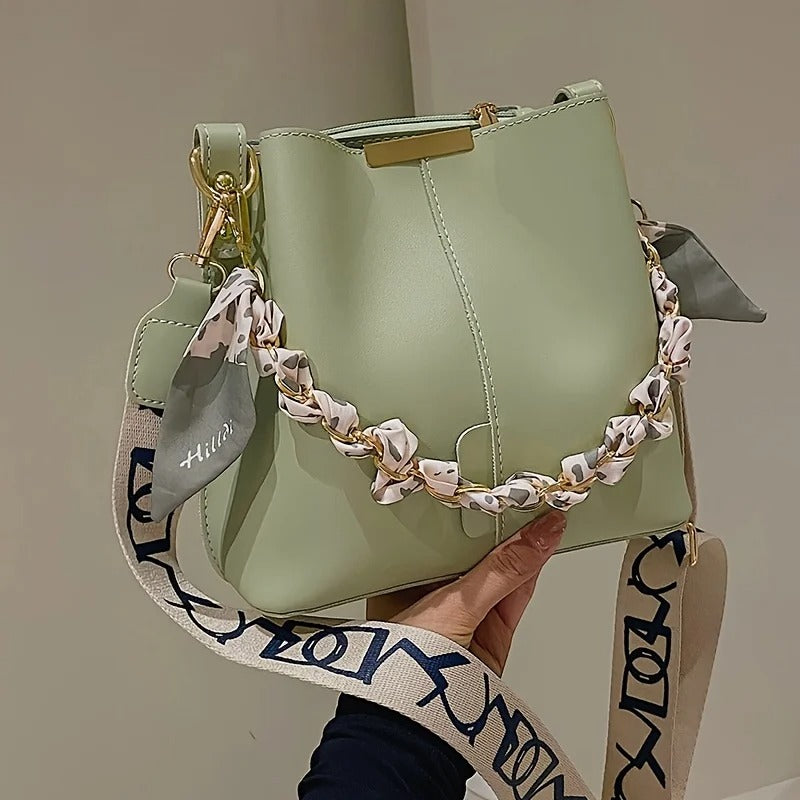 New Fashion Women’s Large Capacity Ribbon Chain Bucket Shoulder & Crossbody Bag – Perfect for Daily Commuting